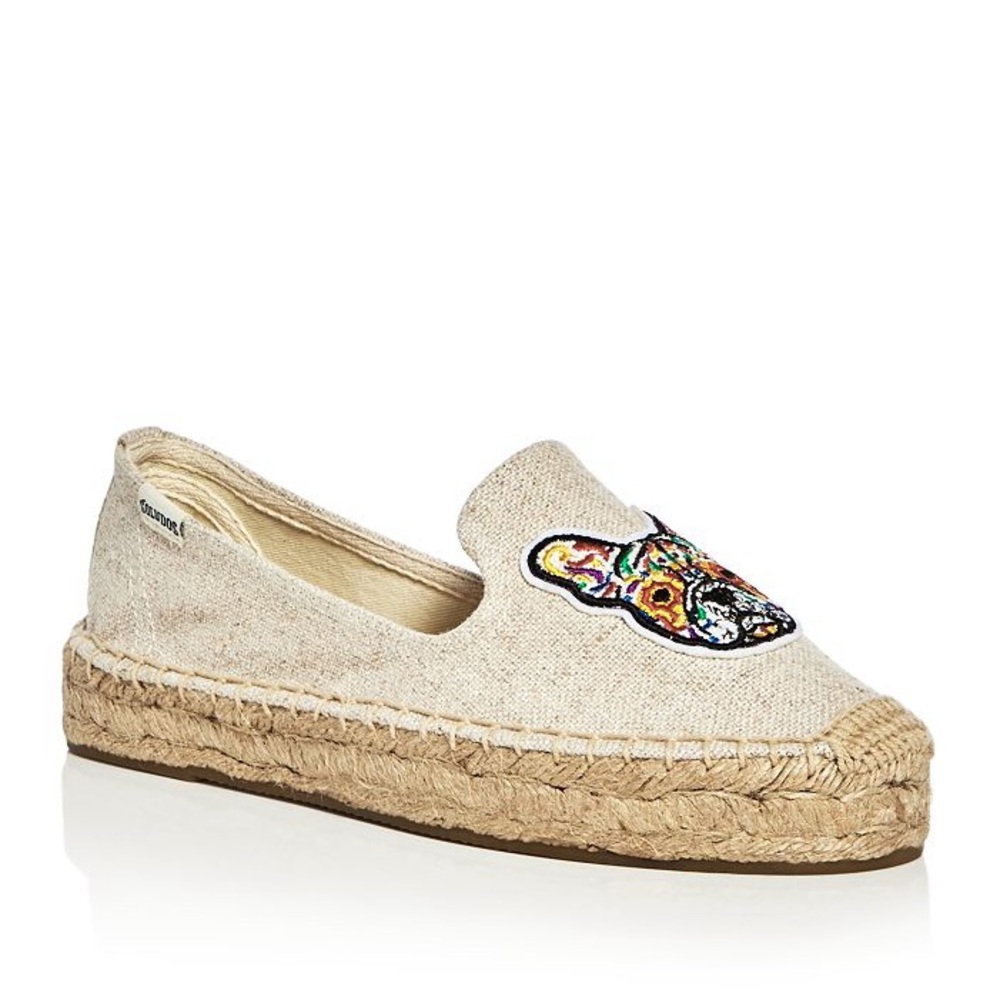 Frenchie Embroidered Smoking Slipper Platform Espadrille Flats